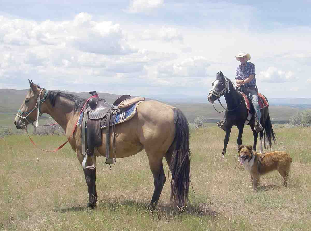 Porter Pearce lets the green-broke horses take a rest during a spring ride.